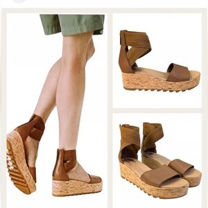 SOREL CAMERON CORK BROWN LEATHER ANKLE WRAP PLATFORM SANDALS VERY GOOD COND (9)